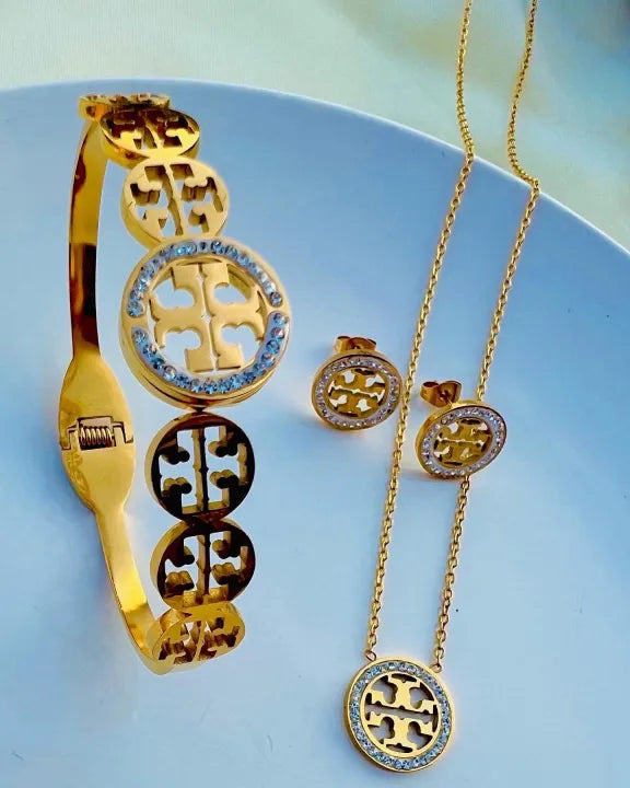 Tory pendant set premium quality stainless steel material gold colour with tops