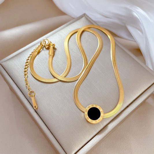 Stainless Steel Round Roman Numerals Pendant Necklace For Women Girl New Fashion Snake Bone Chain Jewelry Gift