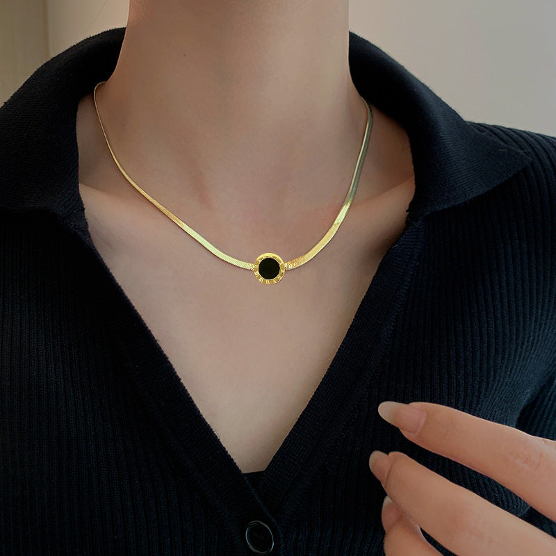 Stainless Steel Round Roman Numerals Pendant Necklace For Women Girl New Fashion Snake Bone Chain Jewelry Gift