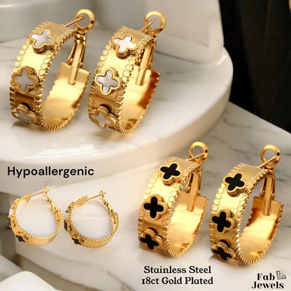 Hoop Earrings|White Black Clover Flower|18K Gold