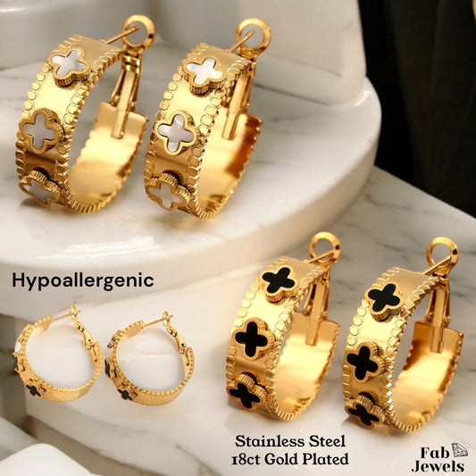 Hoop Earrings|White Black Clover Flower|18K Gold
