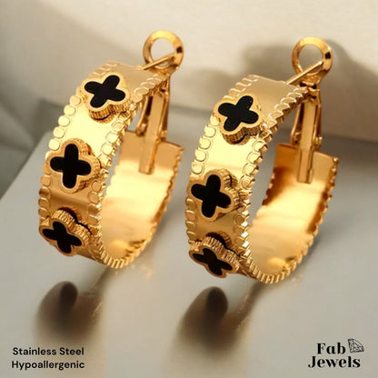Hoop Earrings|White Black Clover Flower|18K Gold