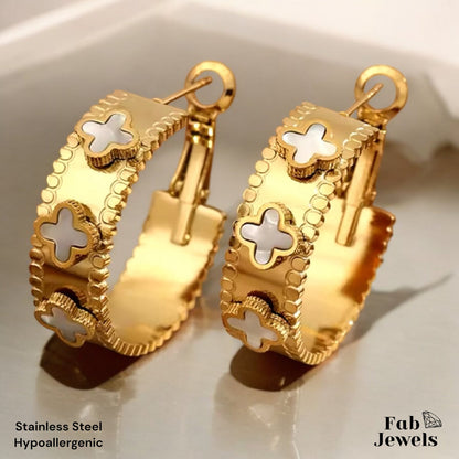 Hoop Earrings|White Black Clover Flower|18K Gold