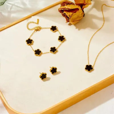 3Pcs Luxury Plum Blossom 316L Plant Five Leaf Flower Necklace Earrings Bracelet for Women Gift Jewelry Sets
