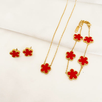 3Pcs Luxury Plum Blossom 316L Plant Five Leaf Flower Necklace Earrings Bracelet for Women Gift Jewelry Sets