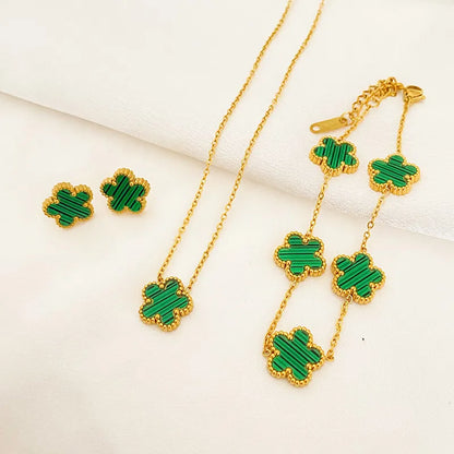 3Pcs Luxury Plum Blossom 316L Plant Five Leaf Flower Necklace Earrings Bracelet for Women Gift Jewelry Sets