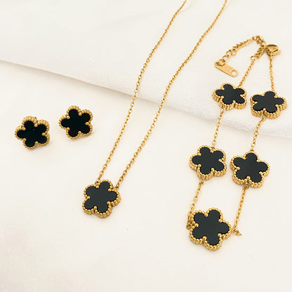 3Pcs Luxury Plum Blossom 316L Plant Five Leaf Flower Necklace Earrings Bracelet for Women Gift Jewelry Sets