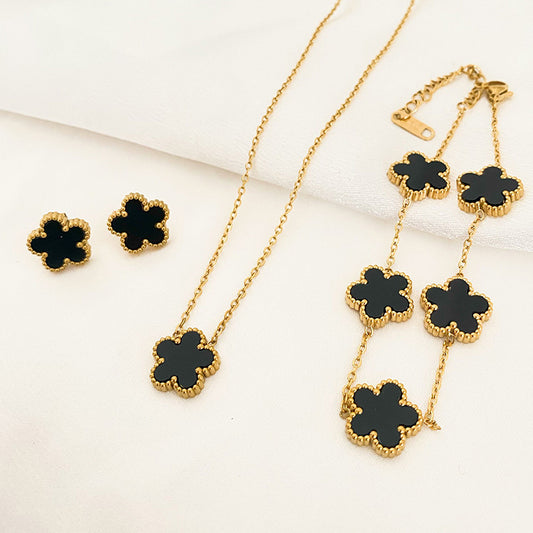3Pcs Luxury Plum Blossom 316L Plant Five Leaf Flower Necklace Earrings Bracelet for Women Gift Jewelry Sets