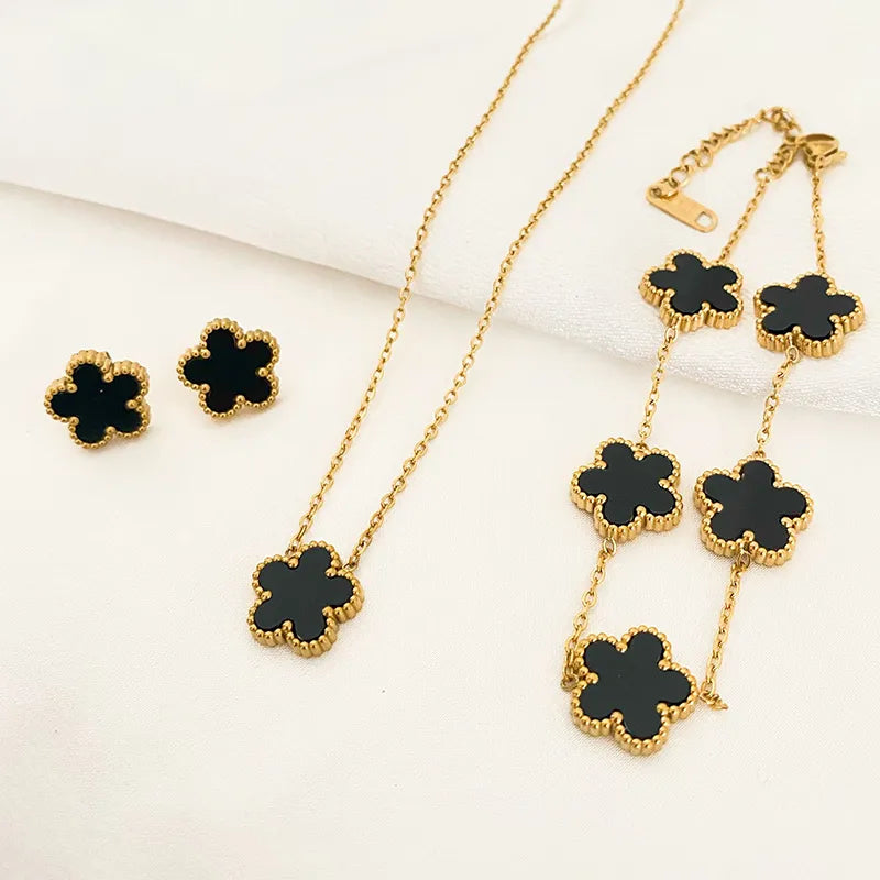 3Pcs Luxury Plum Blossom 316L Plant Five Leaf Flower Necklace Earrings Bracelet for Women Gift Jewelry Sets