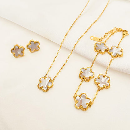 3Pcs Luxury Plum Blossom 316L Plant Five Leaf Flower Necklace Earrings Bracelet for Women Gift Jewelry Sets