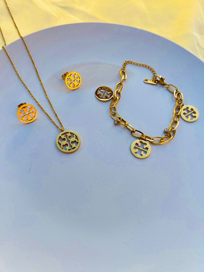 Tory pendant set premium quality stainless steel material gold colour with tops