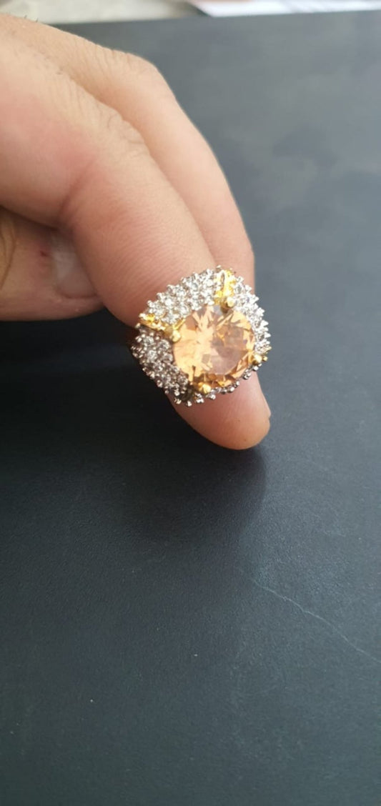 Elegant Gold-Plated Ring with Gemstone and Crystal