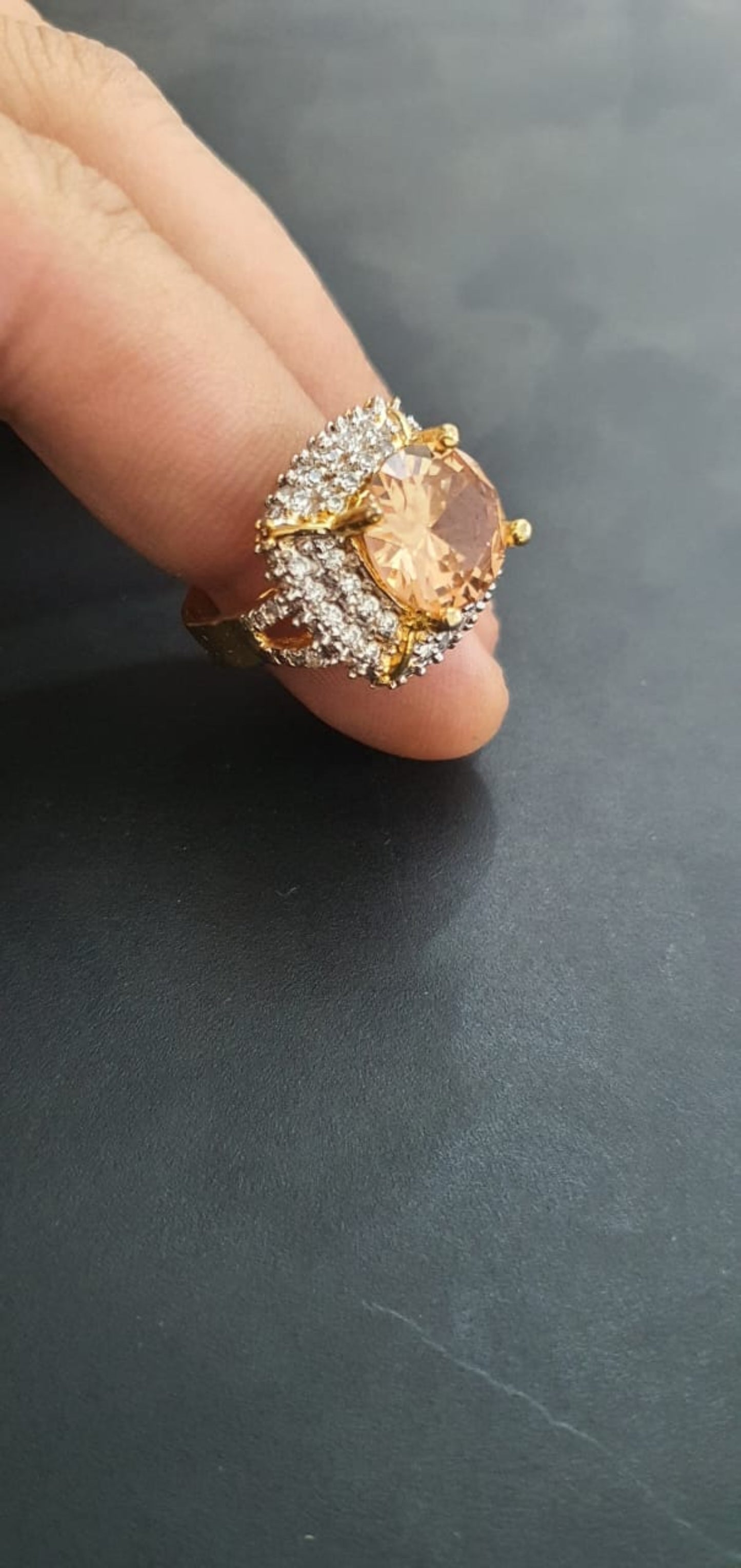 Elegant Gold-Plated Ring with Gemstone and Crystal