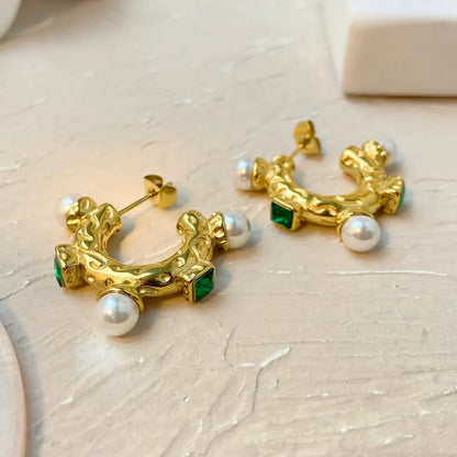 Emerald Pearl Hoop Earrings