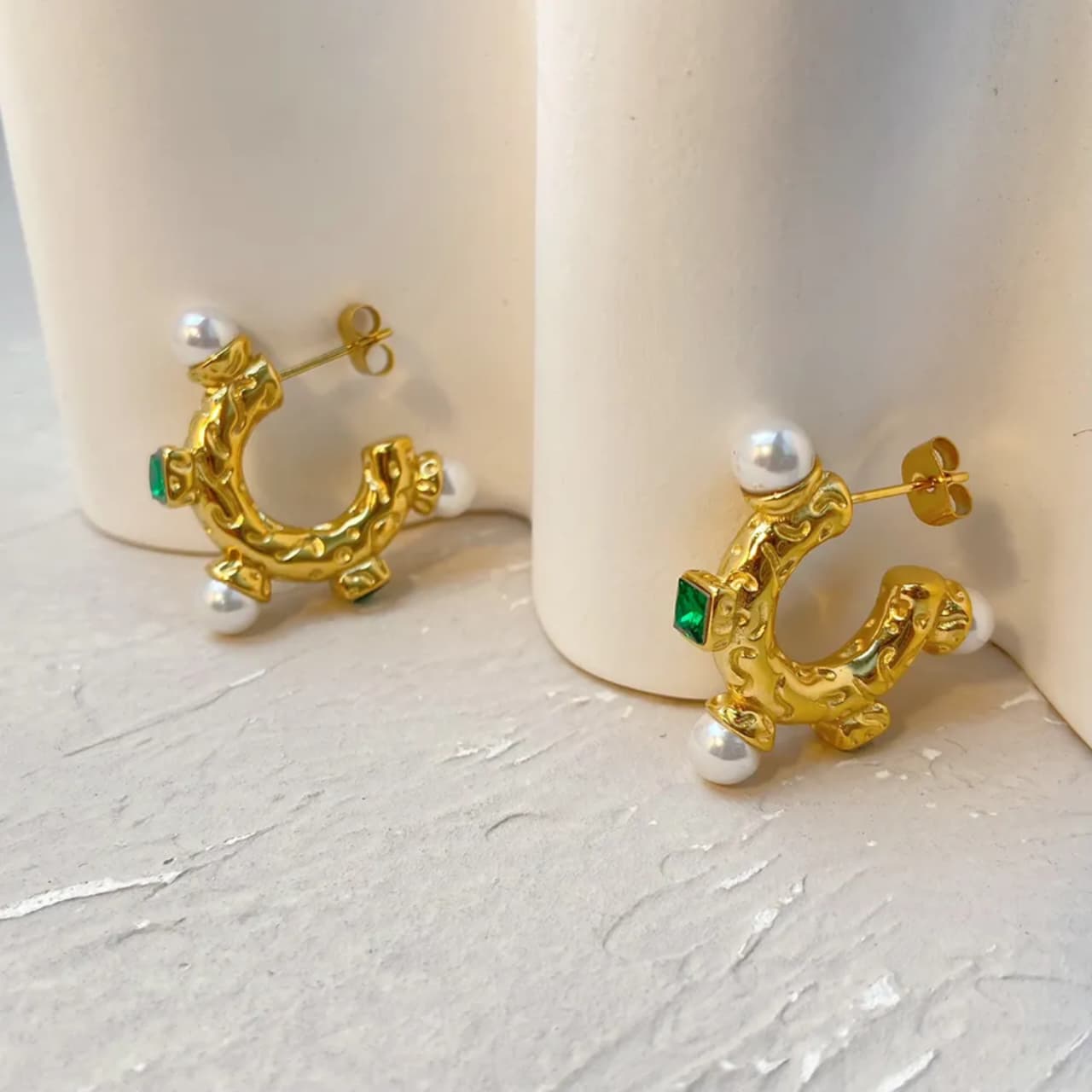 Emerald Pearl Hoop Earrings